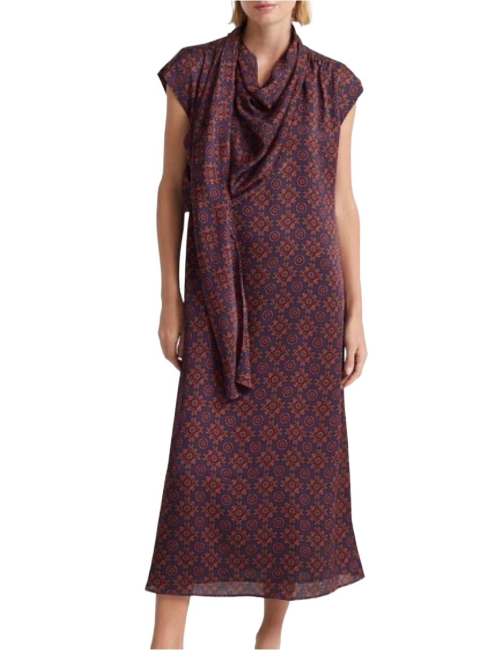 Club Monaco Women's Drape Neck Dress Navy Orange Geo Print Sz 4 NWOT